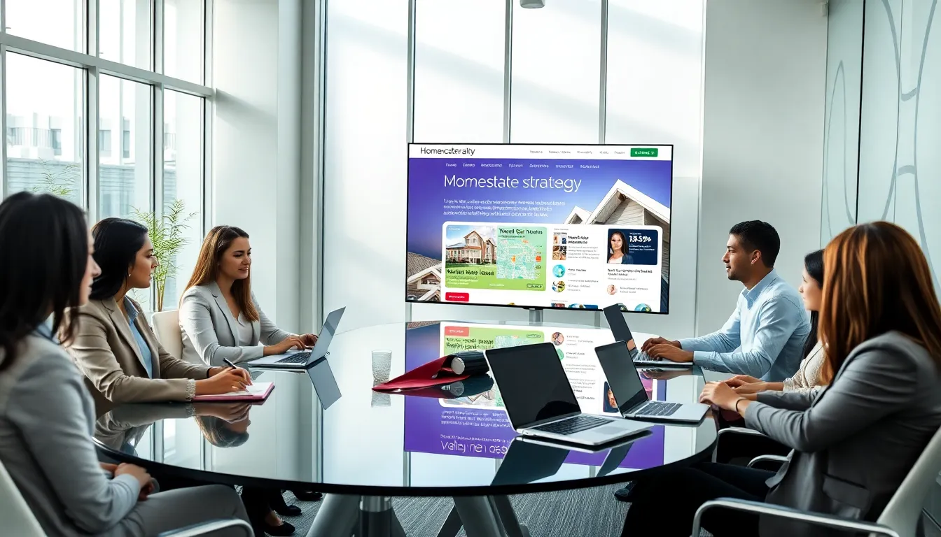 diverse professionals discussing real estate in a modern office.