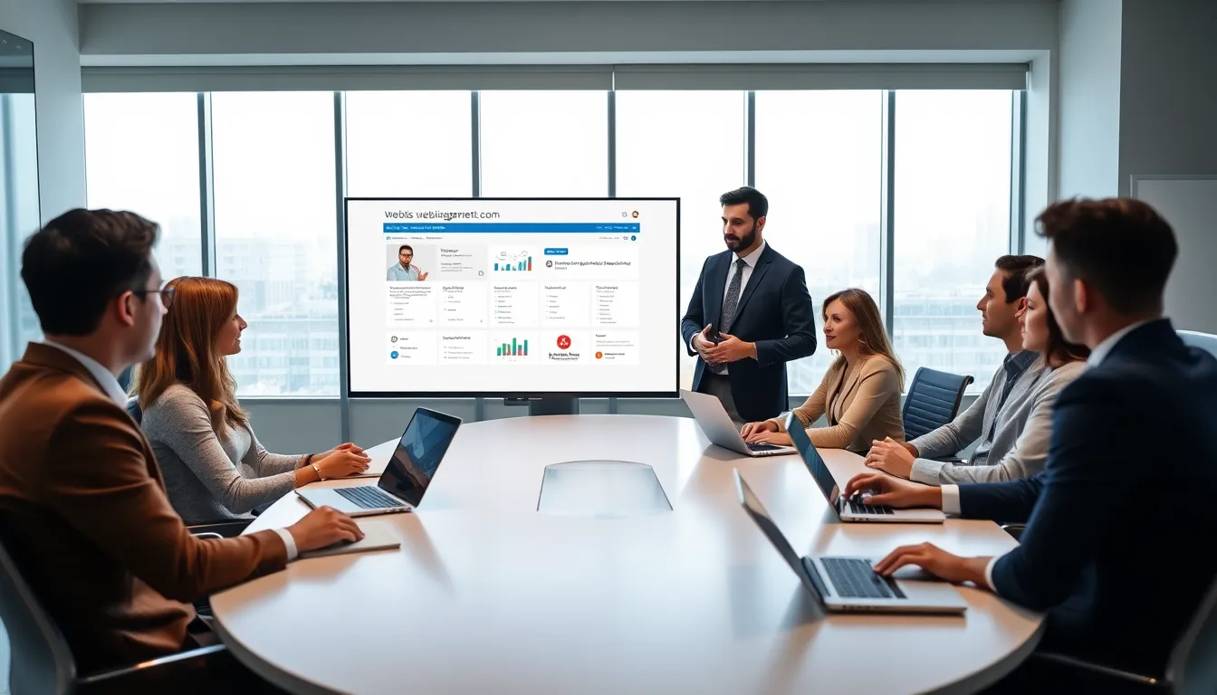 diverse professionals collaborating in a modern office on webbizmagnet.com software.