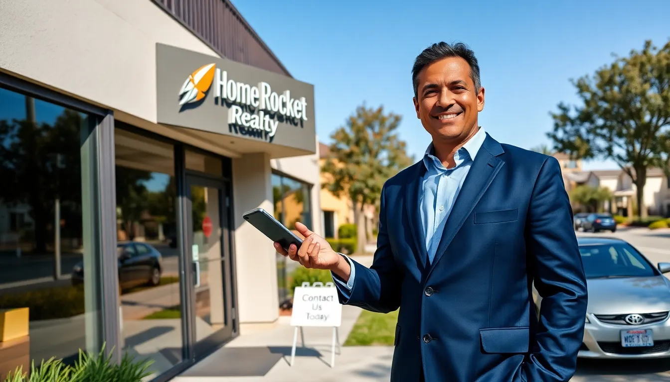 A real estate agent outside Home Rocket Realty office, inviting clients to contact.