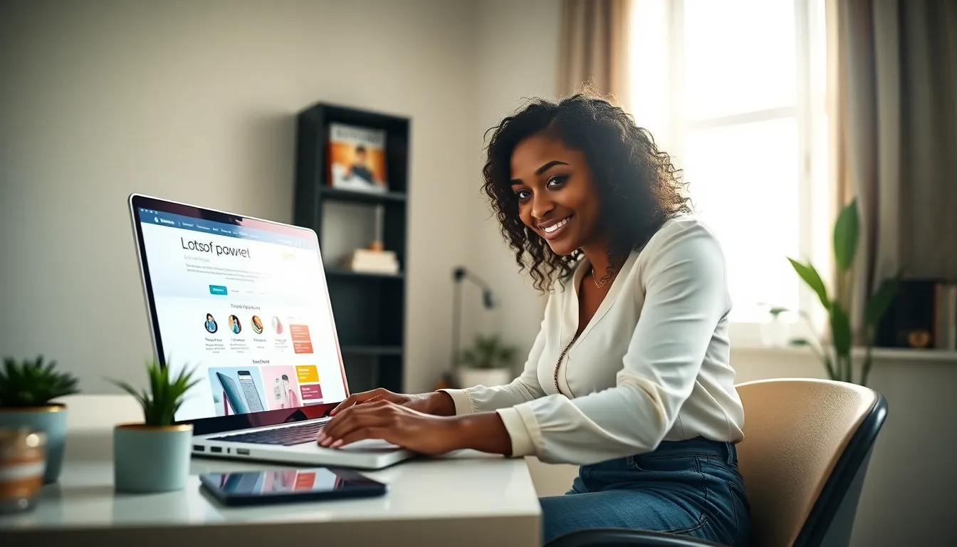 A young woman using a laptop with Lotsofpower.net's user-friendly interface.