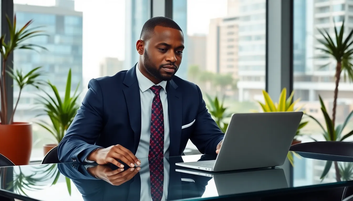 Timothy Williams in a modern office reviewing digital marketing materials.