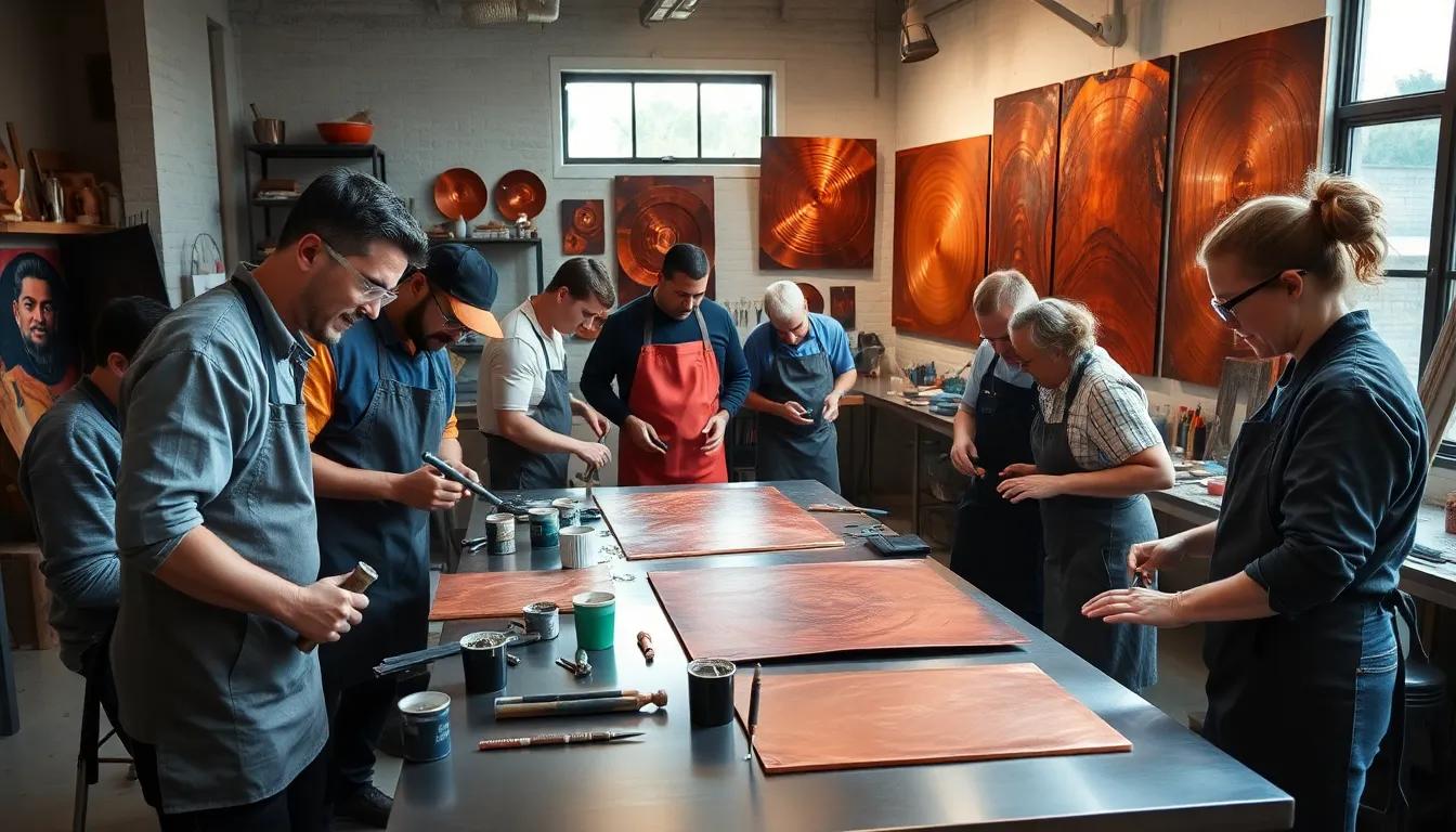 artists creating copper canvas art in a modern studio.