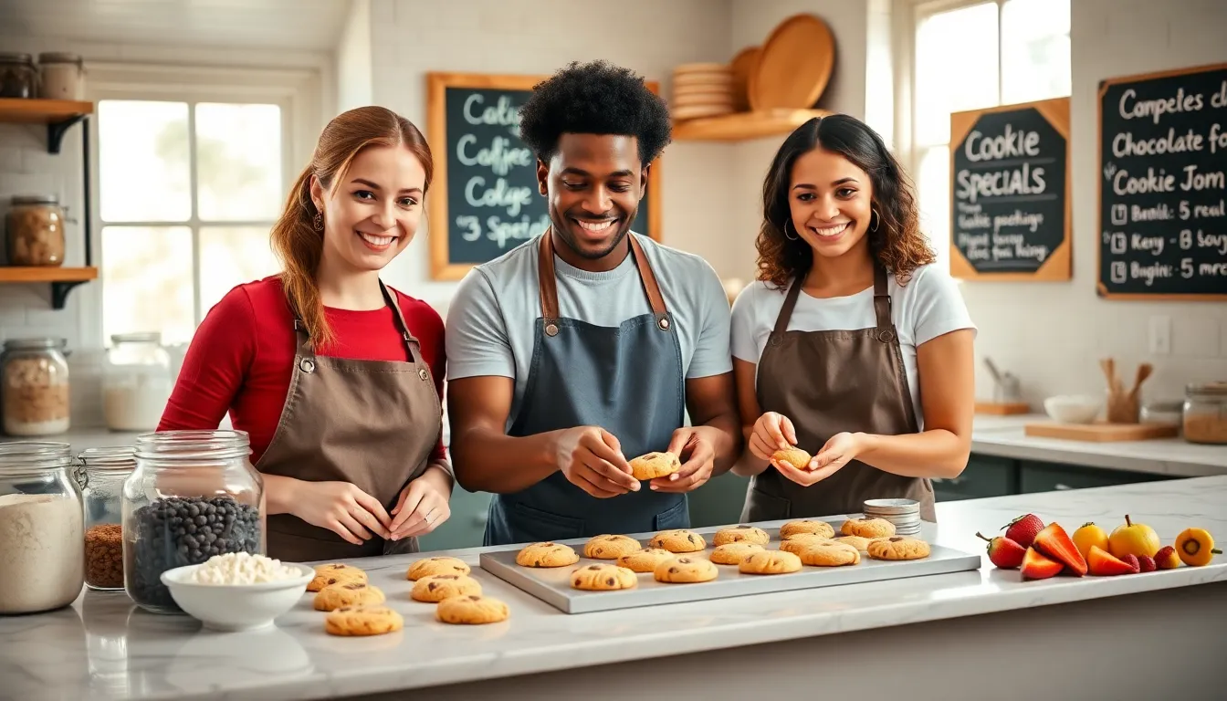 diverse team baking cookies in a bright kitchen setting.