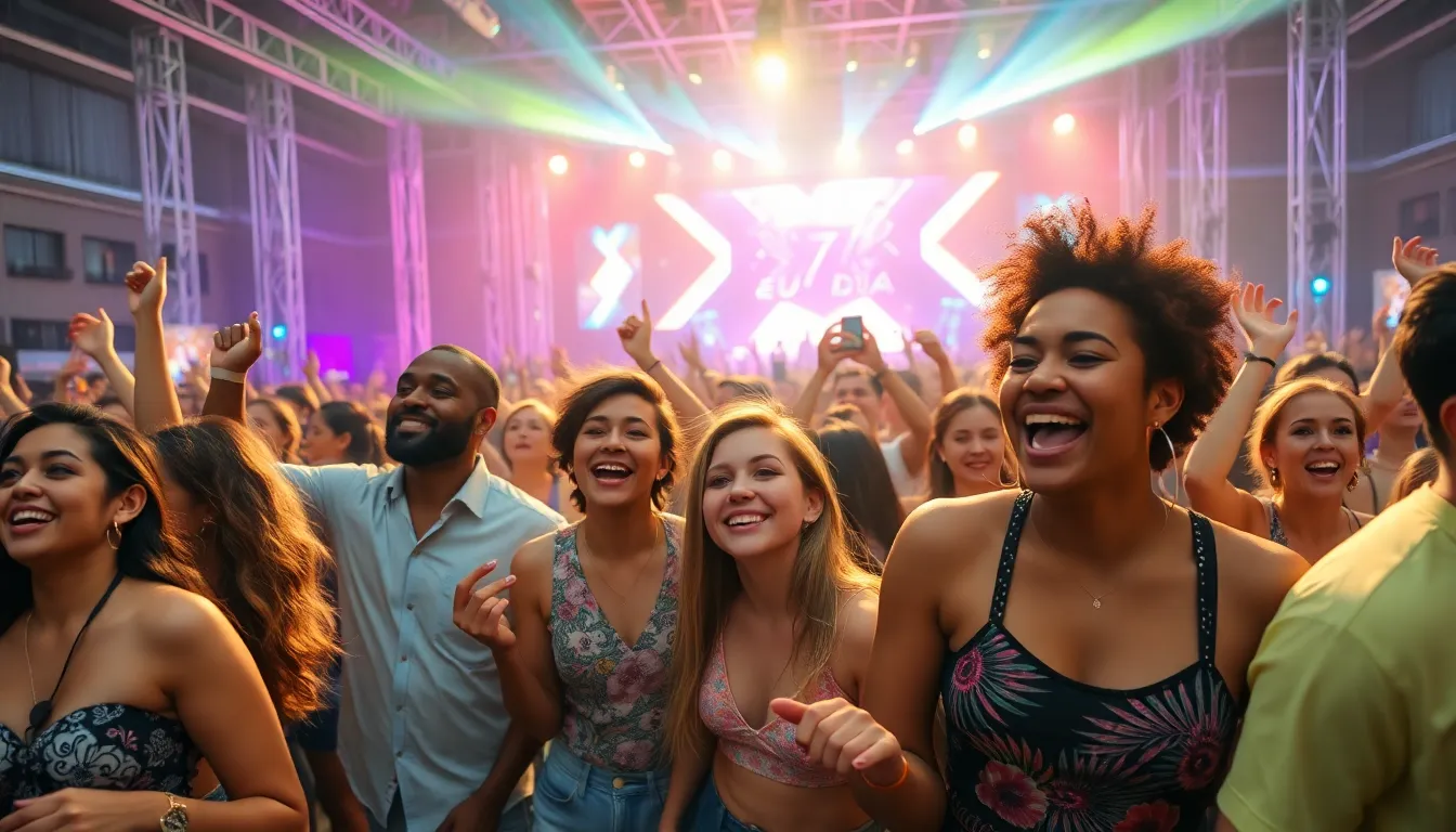 diverse crowd dancing with vibrant lights at a festival.