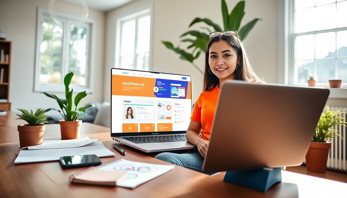 young woman using a laptop to access LotsOfPower.net in a home office.