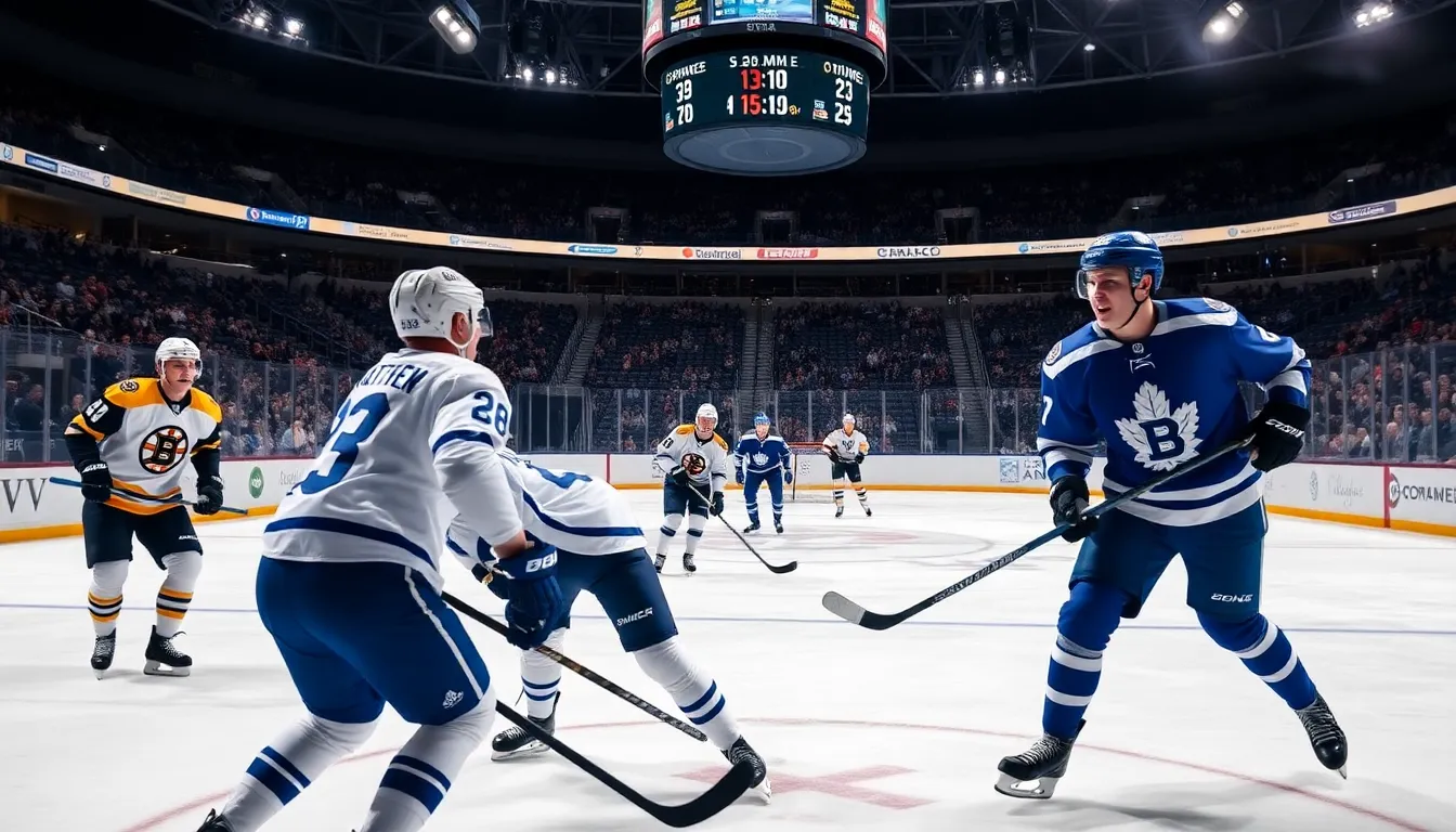 hockey players celebrating a goal during an intense match.