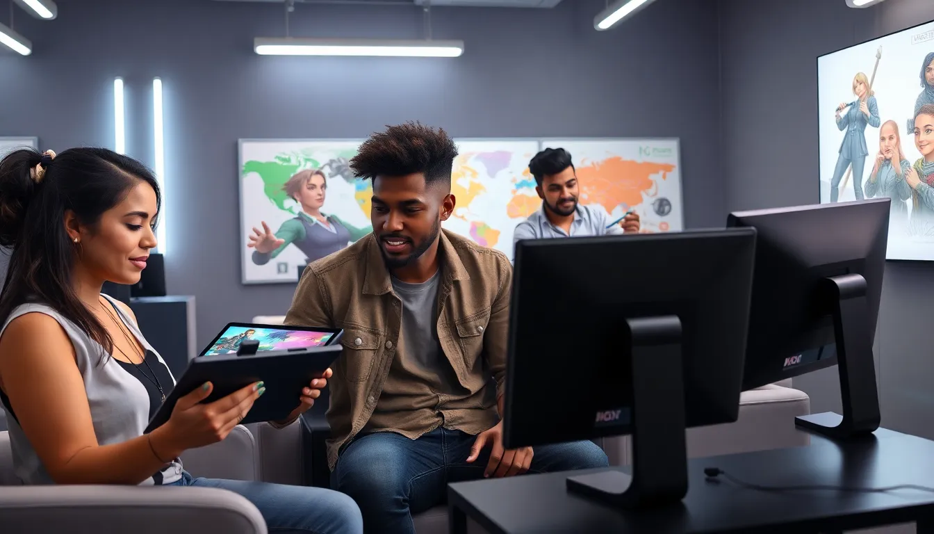 diverse gamers collaborating on creating video game content in a modern studio.