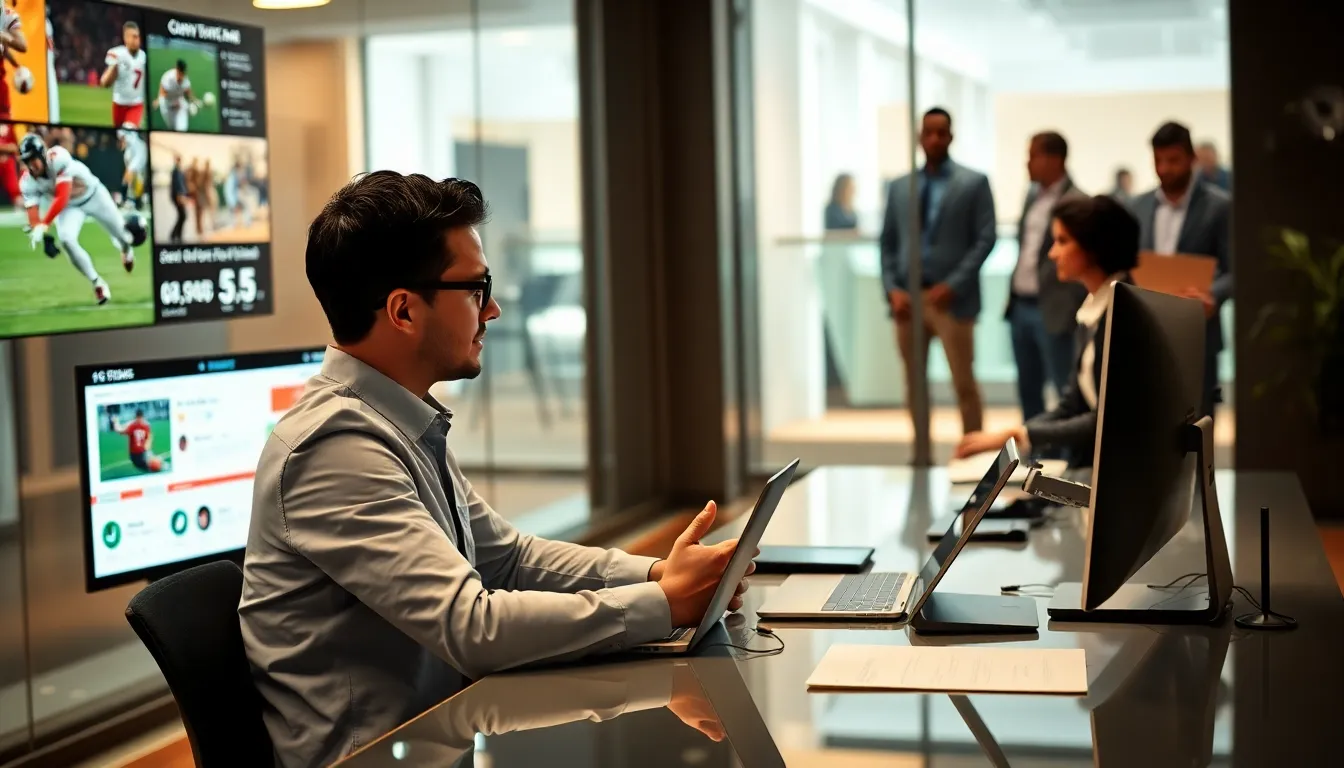 sports journalist reviewing feedback at a modern office.