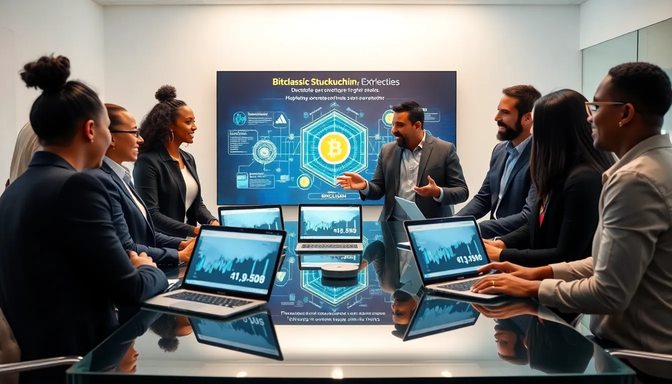 professionals discussing blockchain technology in a modern office.