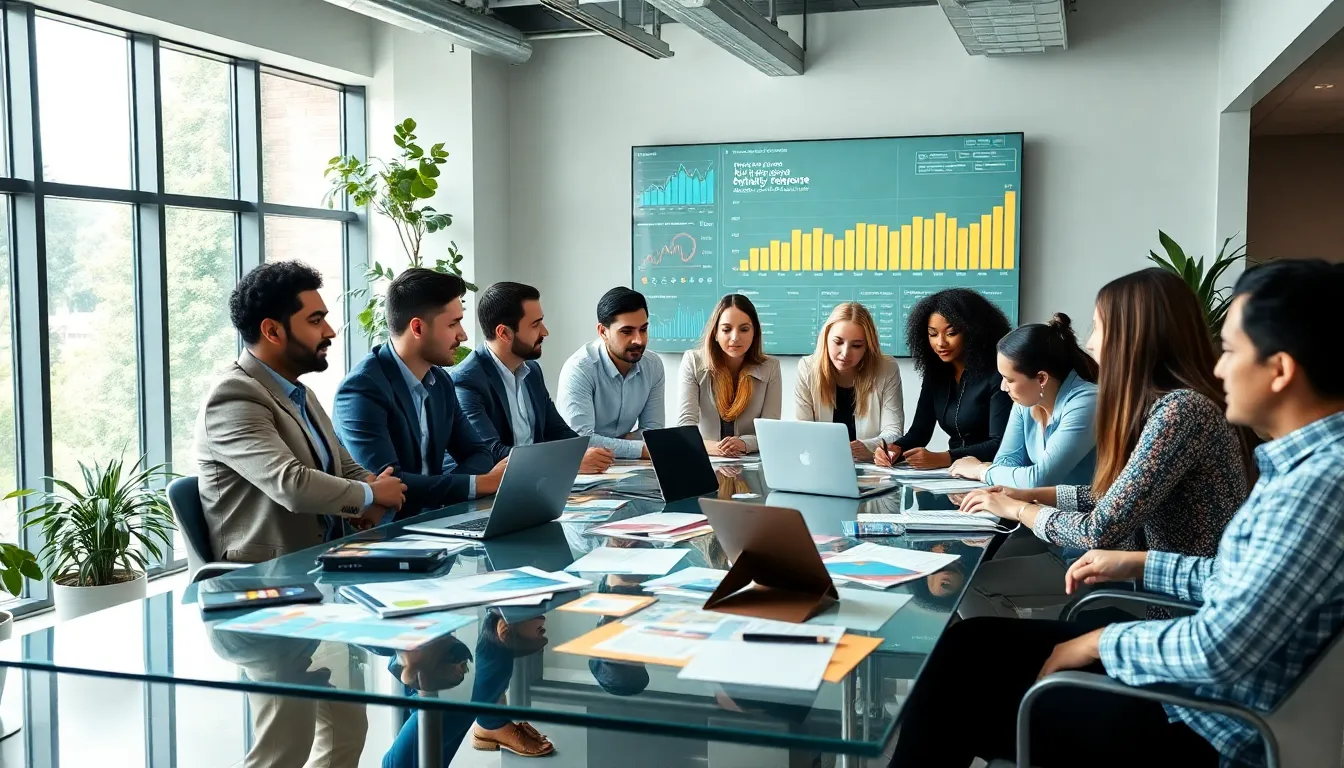 diverse marketing team collaborating in a modern office space.