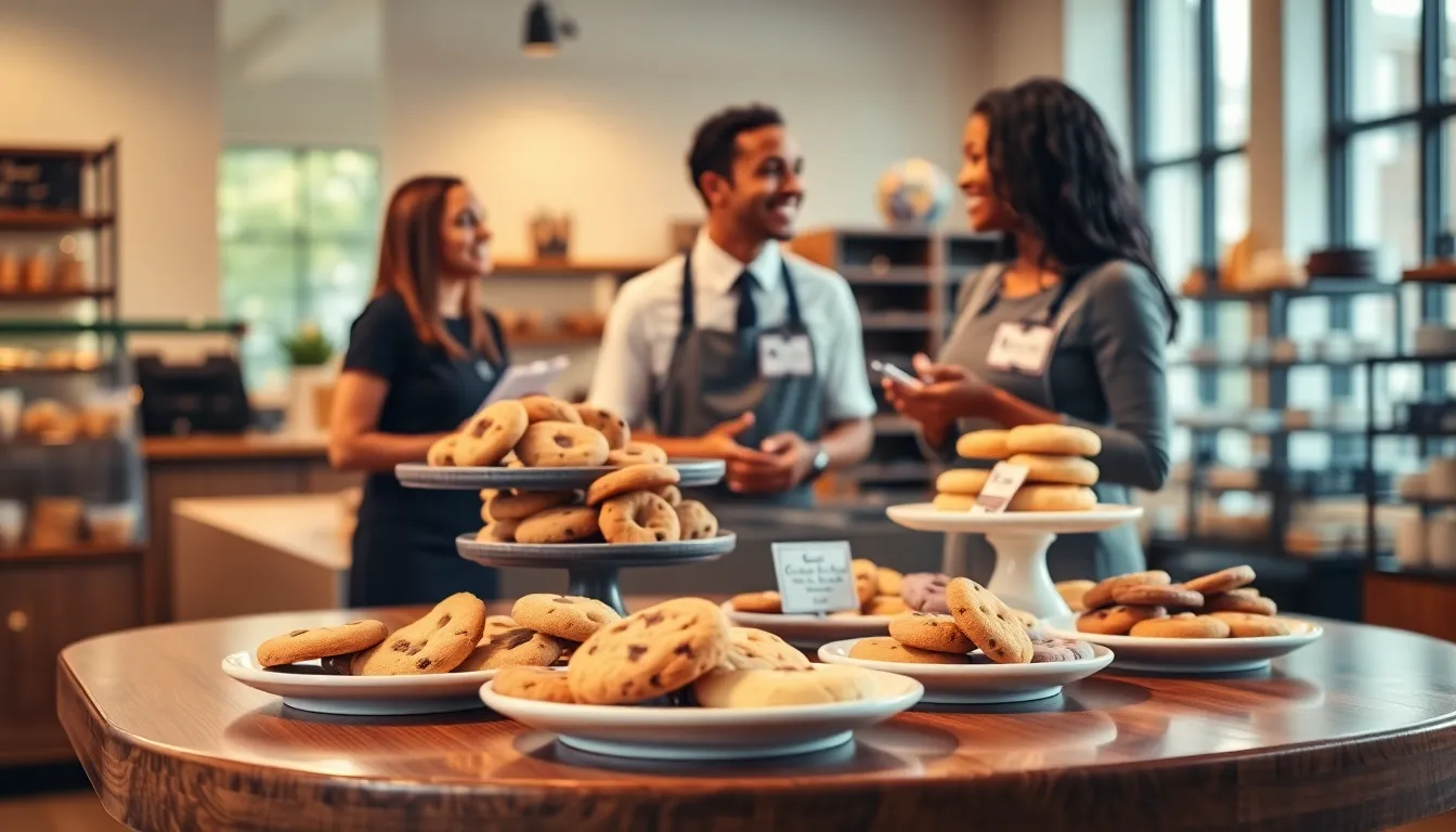 A diverse team engaging over a display of Cookies For Love.