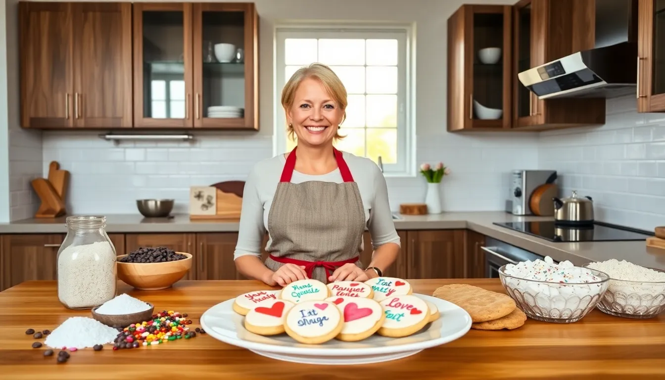 Mary baking cookies in a modern kitchen, symbolizing love and connection.