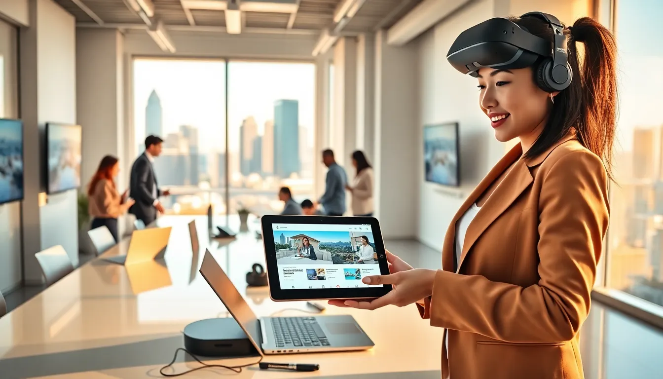 a young woman reviewing property listings on a digital tablet in a modern office.