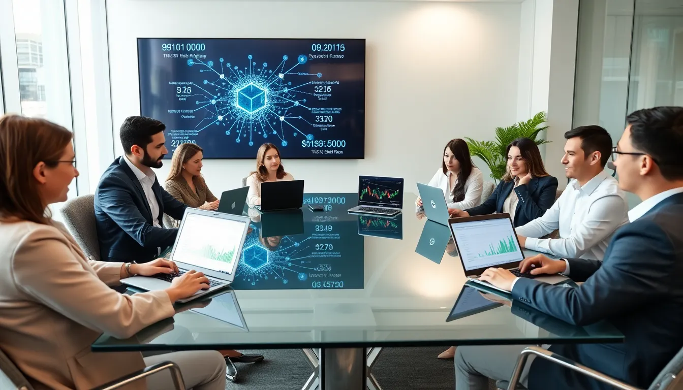 diverse team discussing cryptocurrency in a modern office.