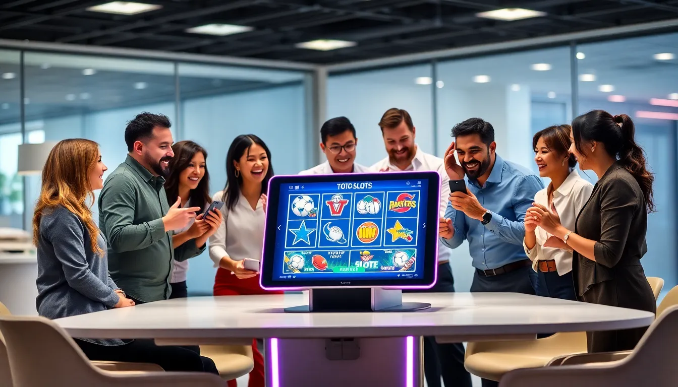 diverse group exploring Toto Slots at a sleek gaming terminal.