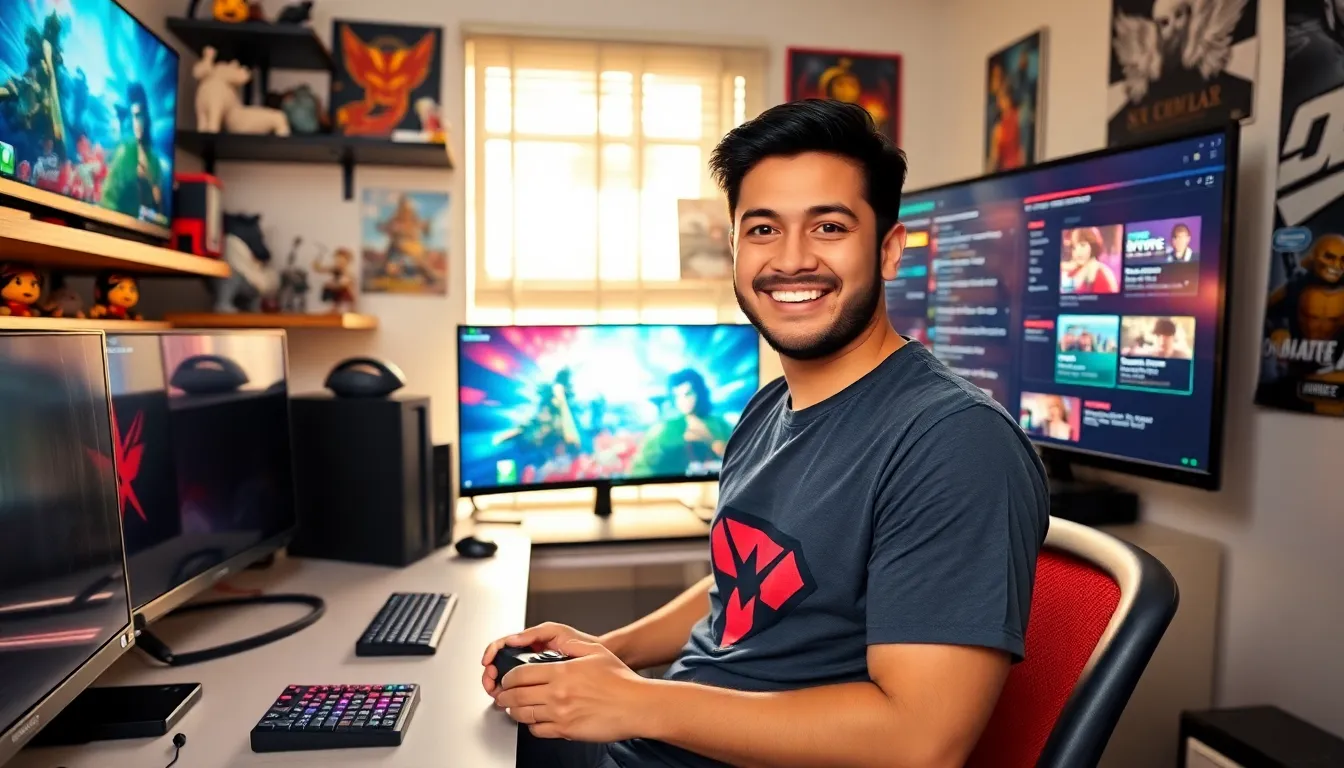 Larry Nando engaging with his audience in his vibrant gaming room.