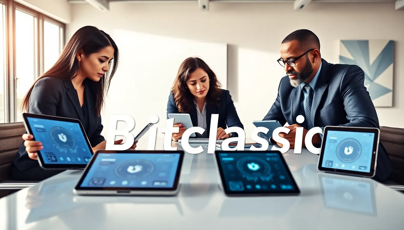 diverse professionals collaborating on Bitclassic cryptocurrency in a modern office.
