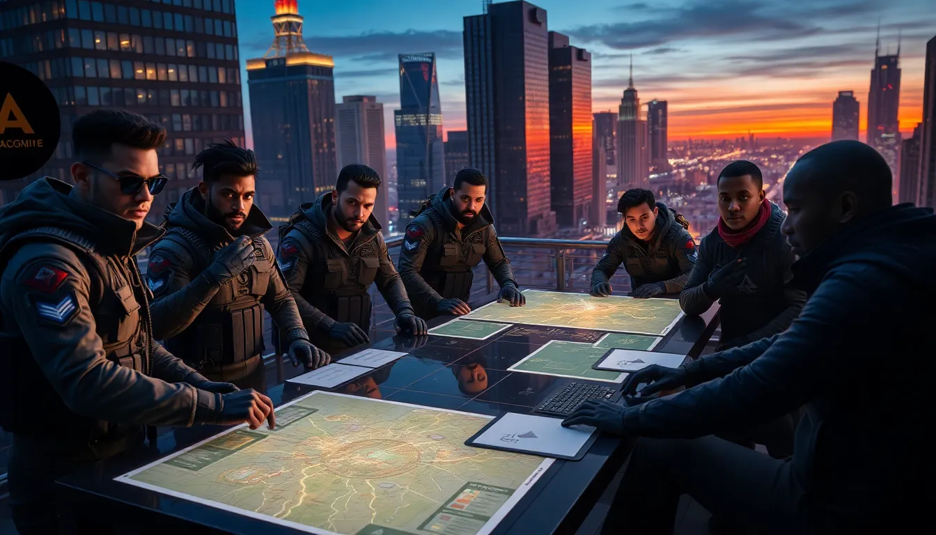 diverse daemonhunters strategizing in a modern urban setting.