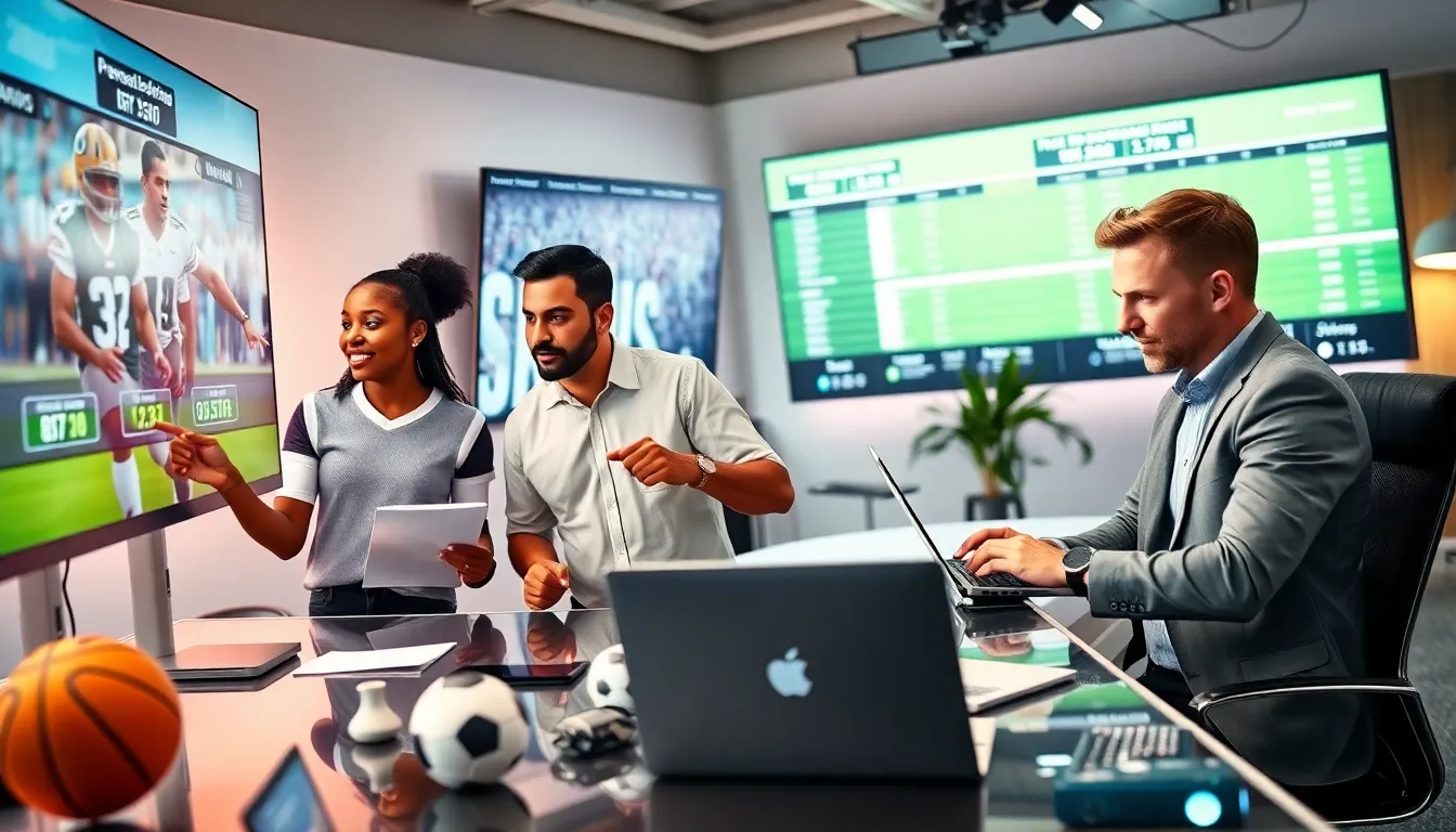 journalists collaborating in a modern office with sports news updates on screens.