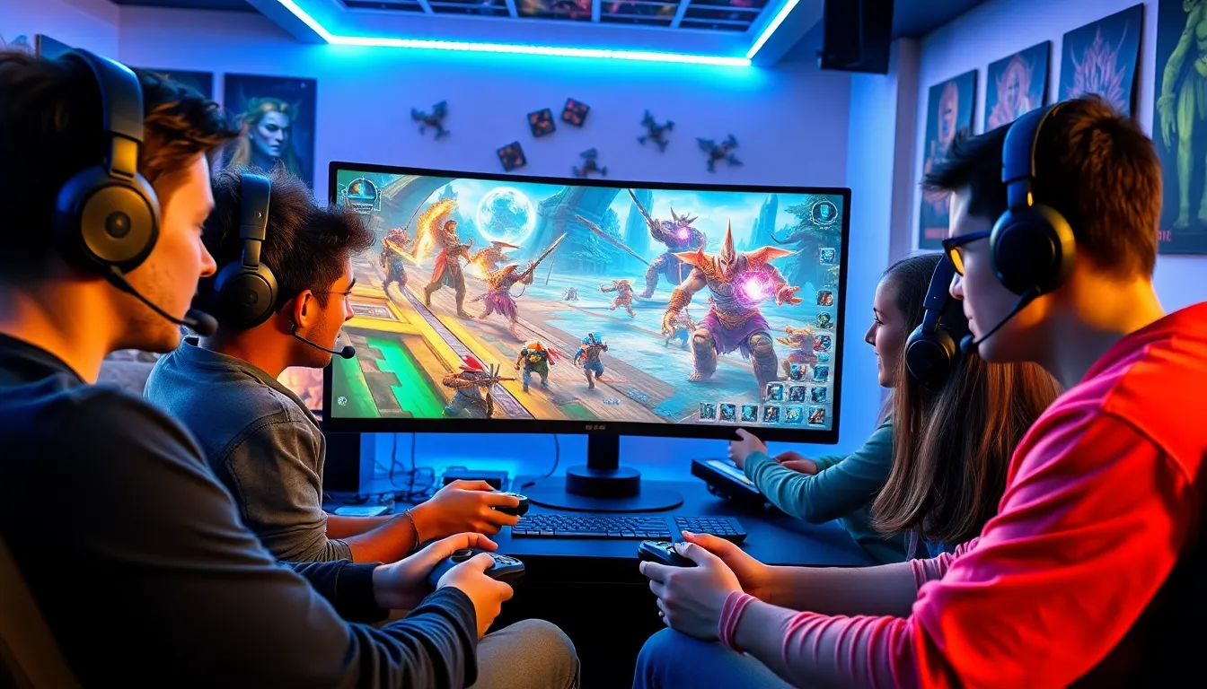 diverse gamers strategizing in a high-tech gaming environment.