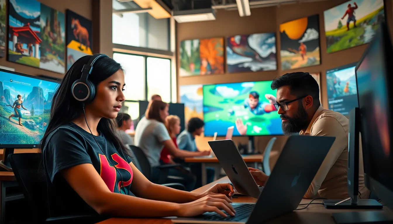 a diverse game development team collaborating in a creative studio.