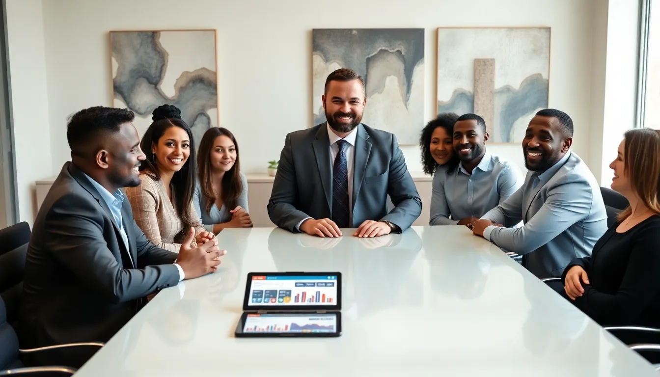 Timothy Homerocketrealty with clients in a modern office setting.