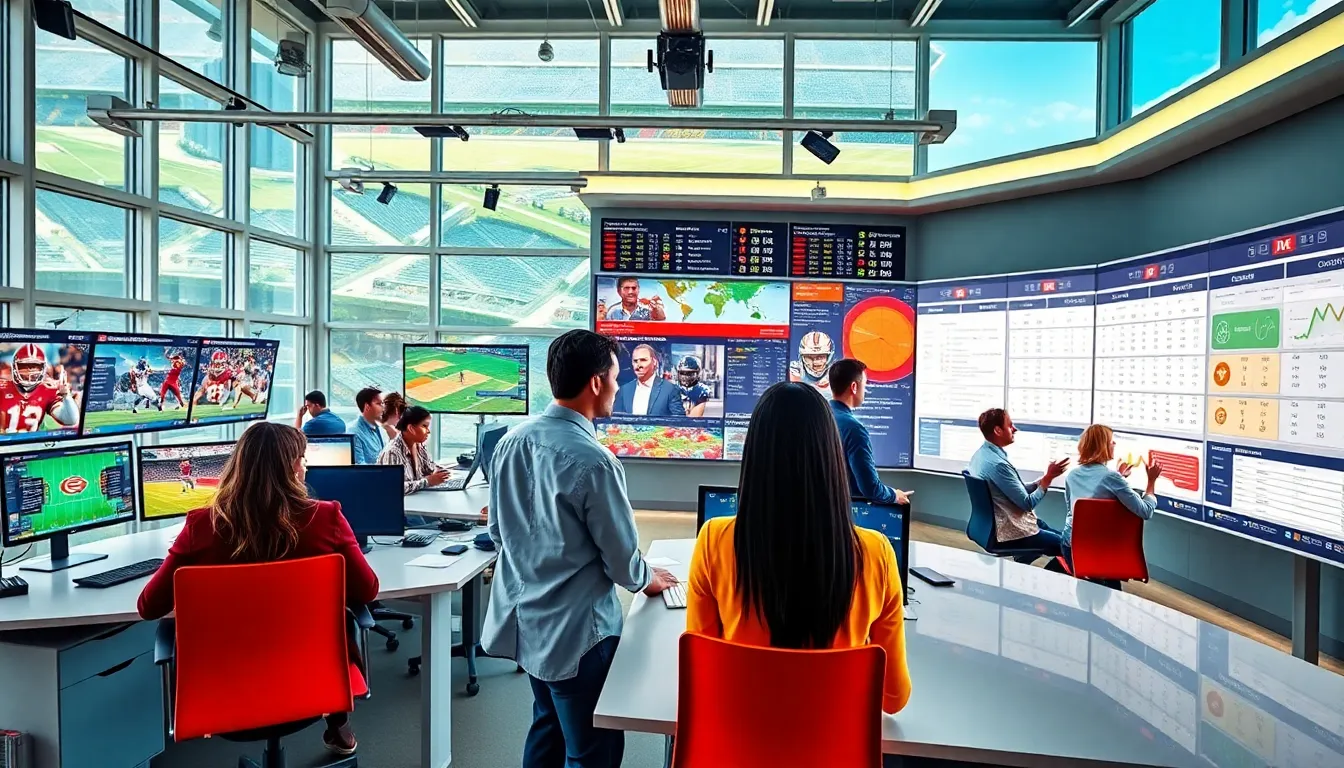 diverse team in a modern newsroom discussing sports updates.