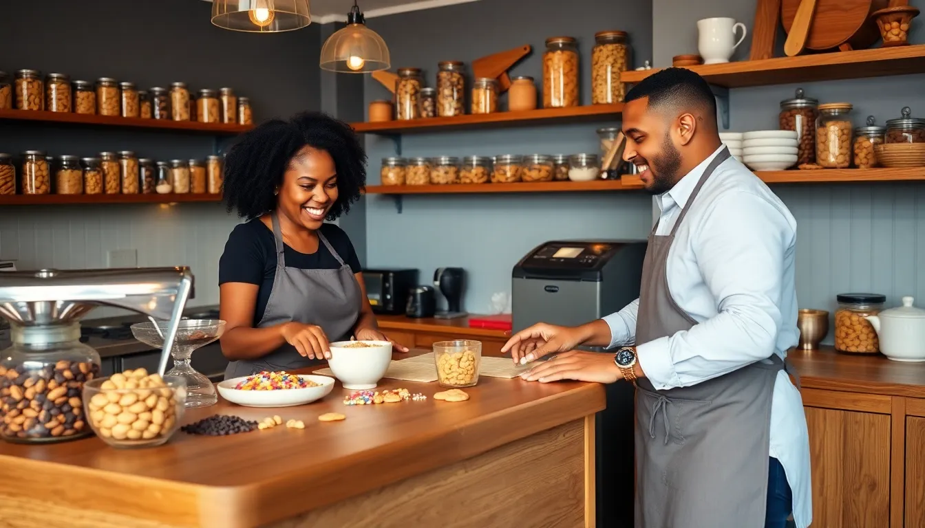 two bakers creating cookies in a warm bakery setting.