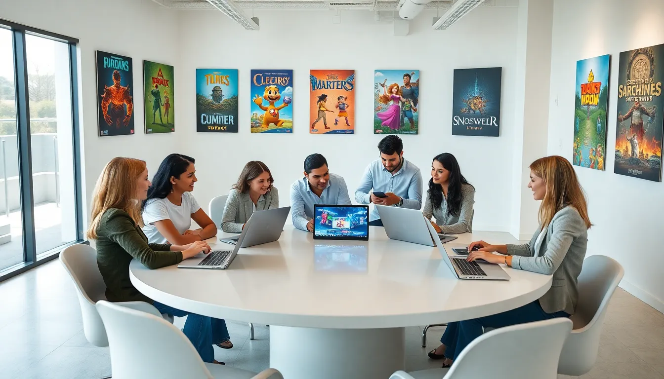 diverse team collaborating in a bright office about gaming ideas.