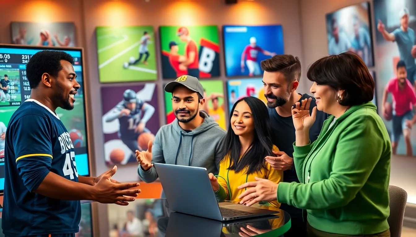 a diverse group discussing sports in a lively newsroom setting.
