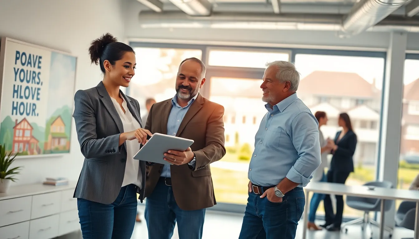 a real estate agent discussing with a client in a modern office.